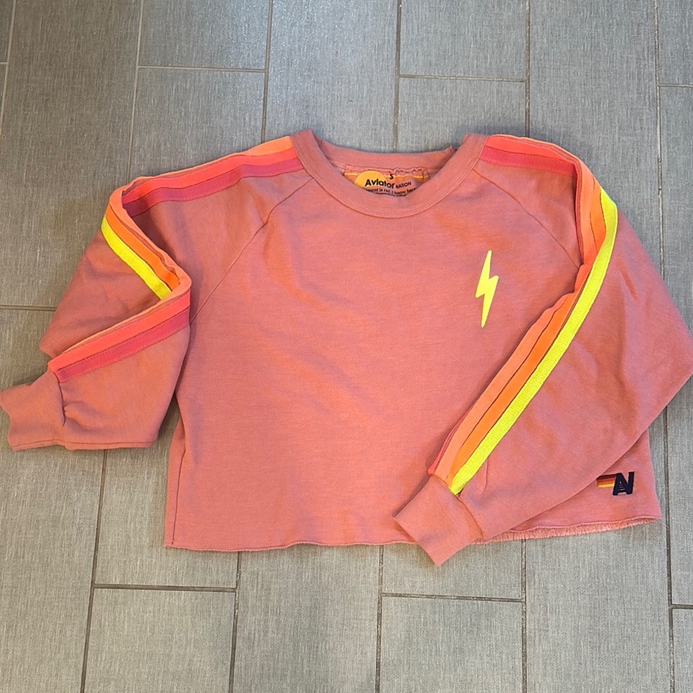 Aviator Nation Pink Sweatshirt with Yellow Lightning Bolt,Rugby stitched cropped